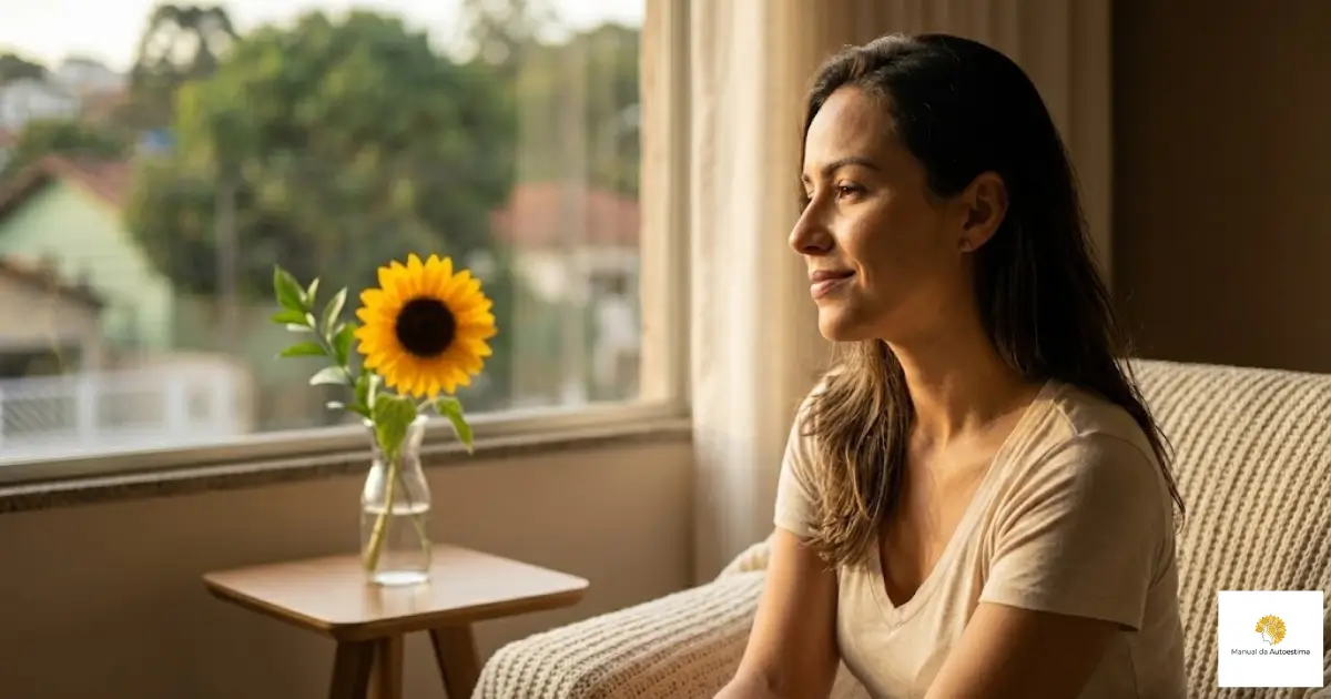 Mulher olhando para a luz da janela com expressão de alívio e superação, simbolizando a libertação da dependência emocional e o resgate da autoestima.