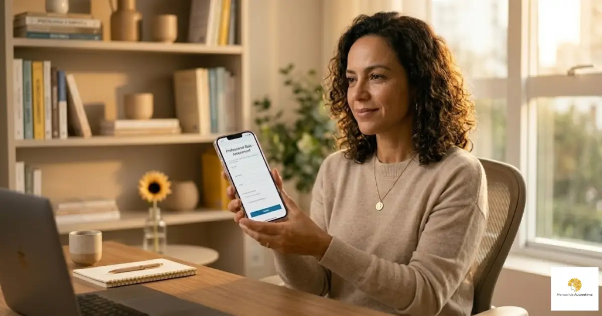 Mulher sorrindo em seu escritório fazendo o teste de autoestima gratuito no smartphone.